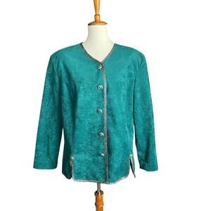 Pablo Collection Faux Suede Knit Blazer Women's 14 Button Up Green Paisley Trim